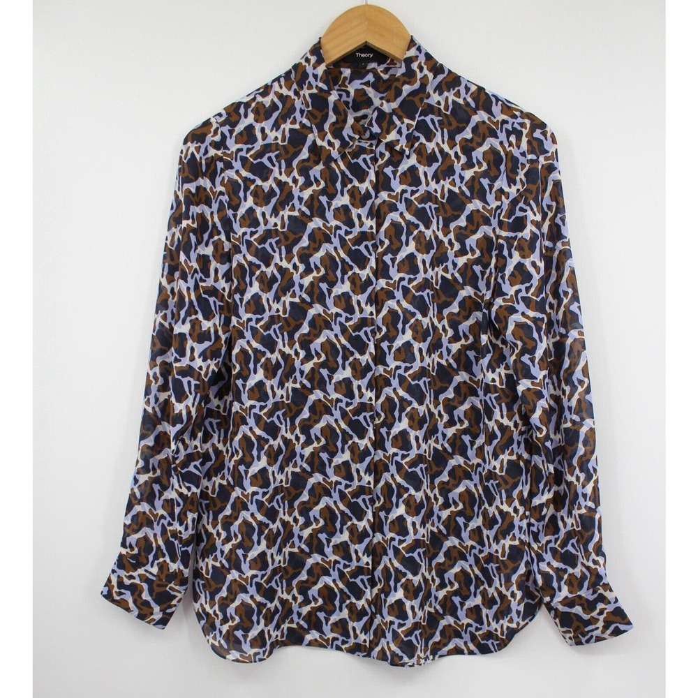 Theory Silk Shirt Womens Small Classic Straight‎ Button Up Shirt Blue Brown